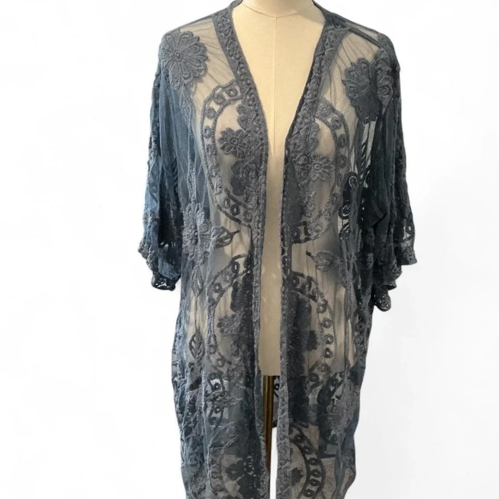 Unbranded Kimono Cardigan Women XXL-XXXL Blue Excellent‎ Boho Floral Mesh Lace